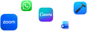 Több alkalmazásikon elszórtan, köztük a Canva, a Microsoft Excel, a WhatsApp, a Google Drive és a Zoom ikonja