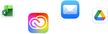 Több alkalmazásikon elszórtan, köztük a Canva, a Microsoft Excel, a WhatsApp, a Google Drive és a Zoom ikonja