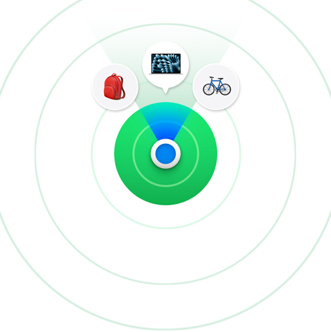 A Lokátor app ikonja és néhány olyan tárgy, amit meg lehet keresni az alkalmazással, köztük egy Mac laptop, egy hátizsák és egy kerékpár
