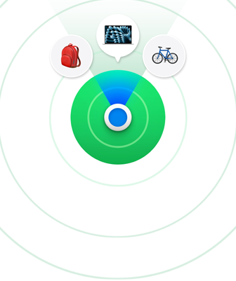A Lokátor app ikonja és néhány olyan tárgy, amit meg lehet keresni az alkalmazással, köztük egy Mac laptop, egy hátizsák és egy kerékpár