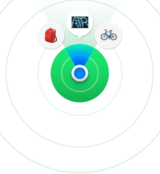 A Lokátor app ikonja és néhány olyan tárgy, amit meg lehet keresni az alkalmazással, köztük egy Mac laptop, egy hátizsák és egy kerékpár