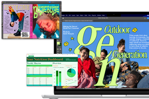 Különböző képernyőfotók, amelyeken az InDesign és a Numbers appok láthatók, a 13 hüvelykes, M4 chipes MacBook Air teljesítményét szemléltetve