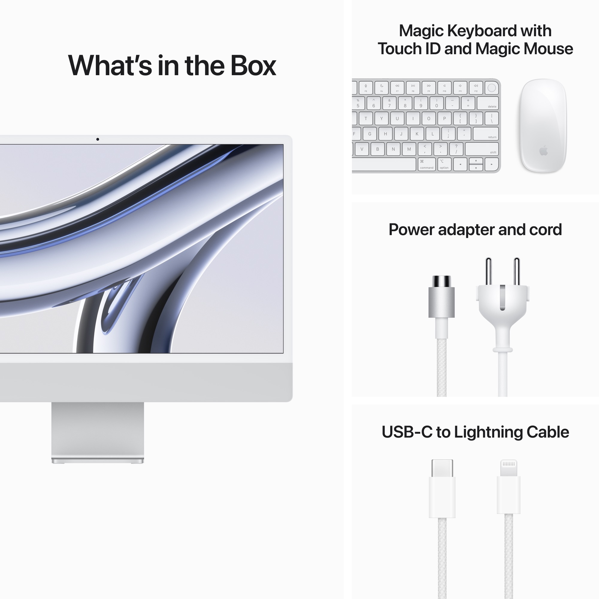 24-inch iMac 4.5K Retina kijelzővel, M3 chippel, 8 magos CPU, 10 magos GPU, 256GB SSD - ezüst