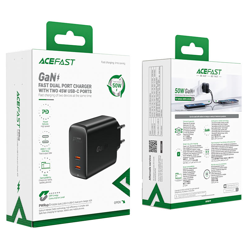 ACEFAST 50W GaN 2x USB-C töltőadapter - fekete