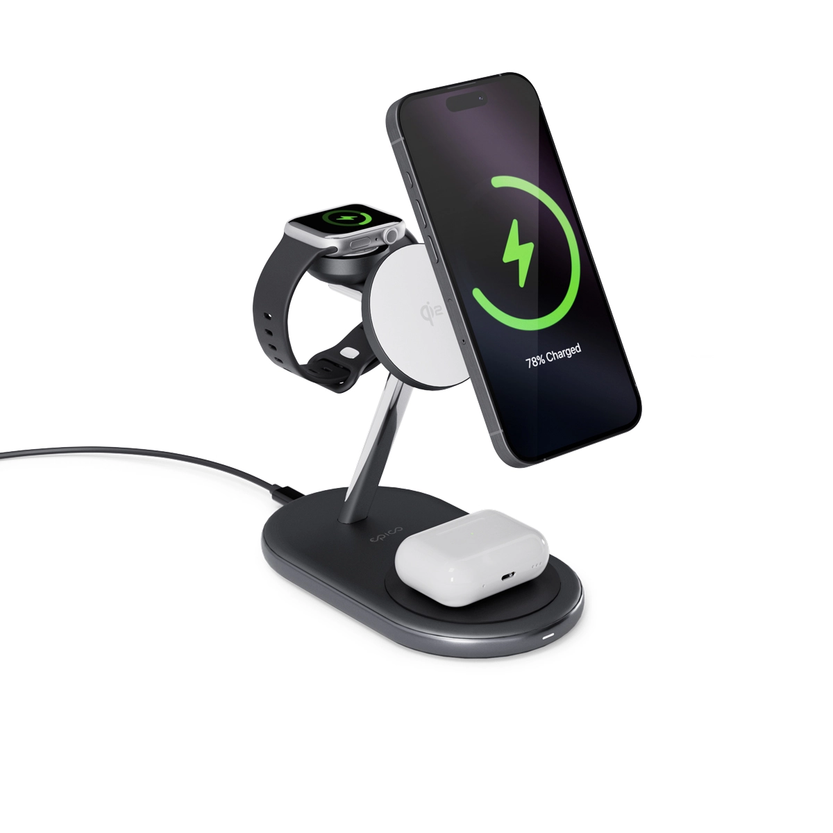 EPICO Ultrabase Qi2 3in1 MagSafe vezeték nélküli töltő fali adapterrel és USB-C kábellel - EX60 - Fekete