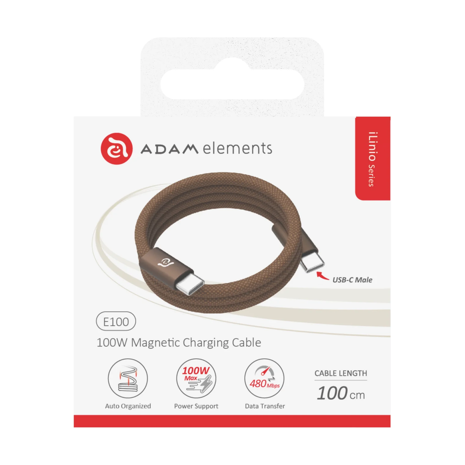 ADAM elements iLinio E100 USB-C mágneses töltőkábel, 100W, 100 cm - barna