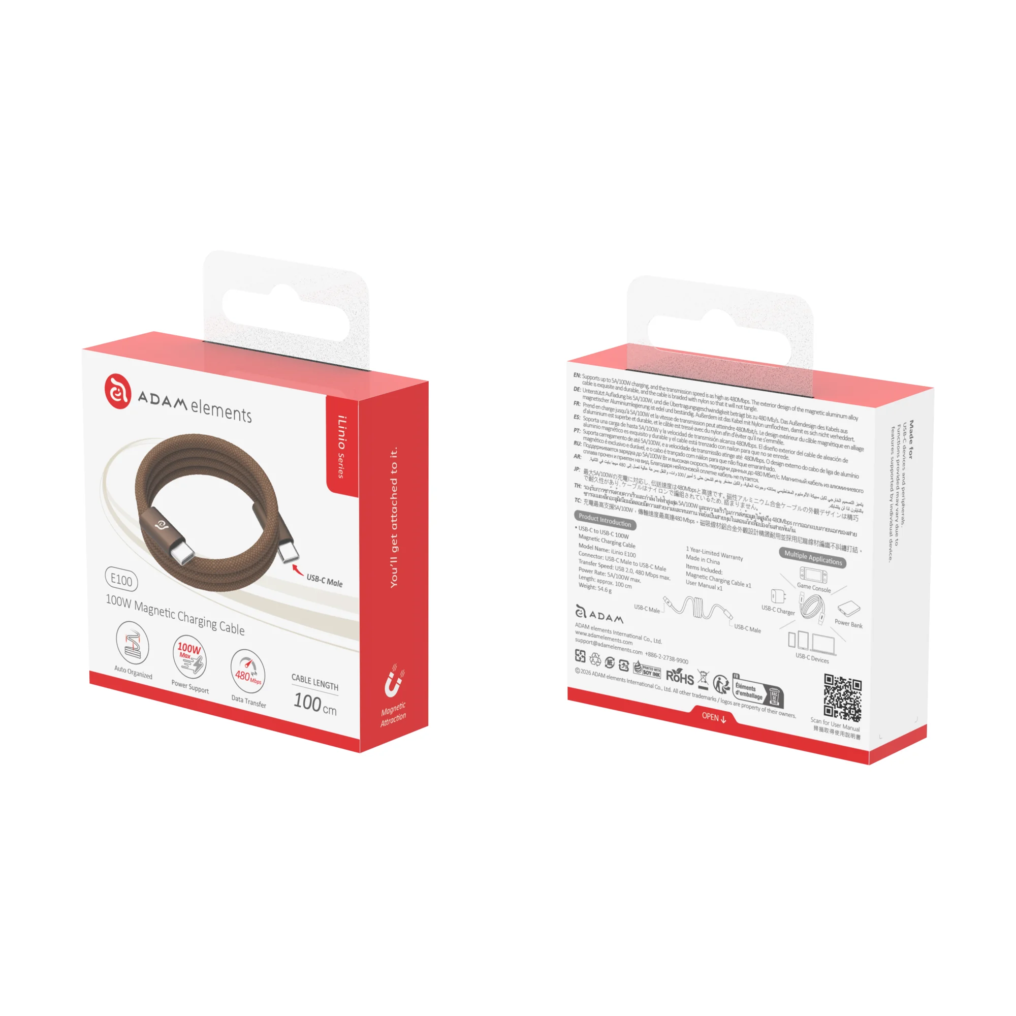 ADAM elements iLinio E100 USB-C mágneses töltőkábel, 100W, 100 cm - barna