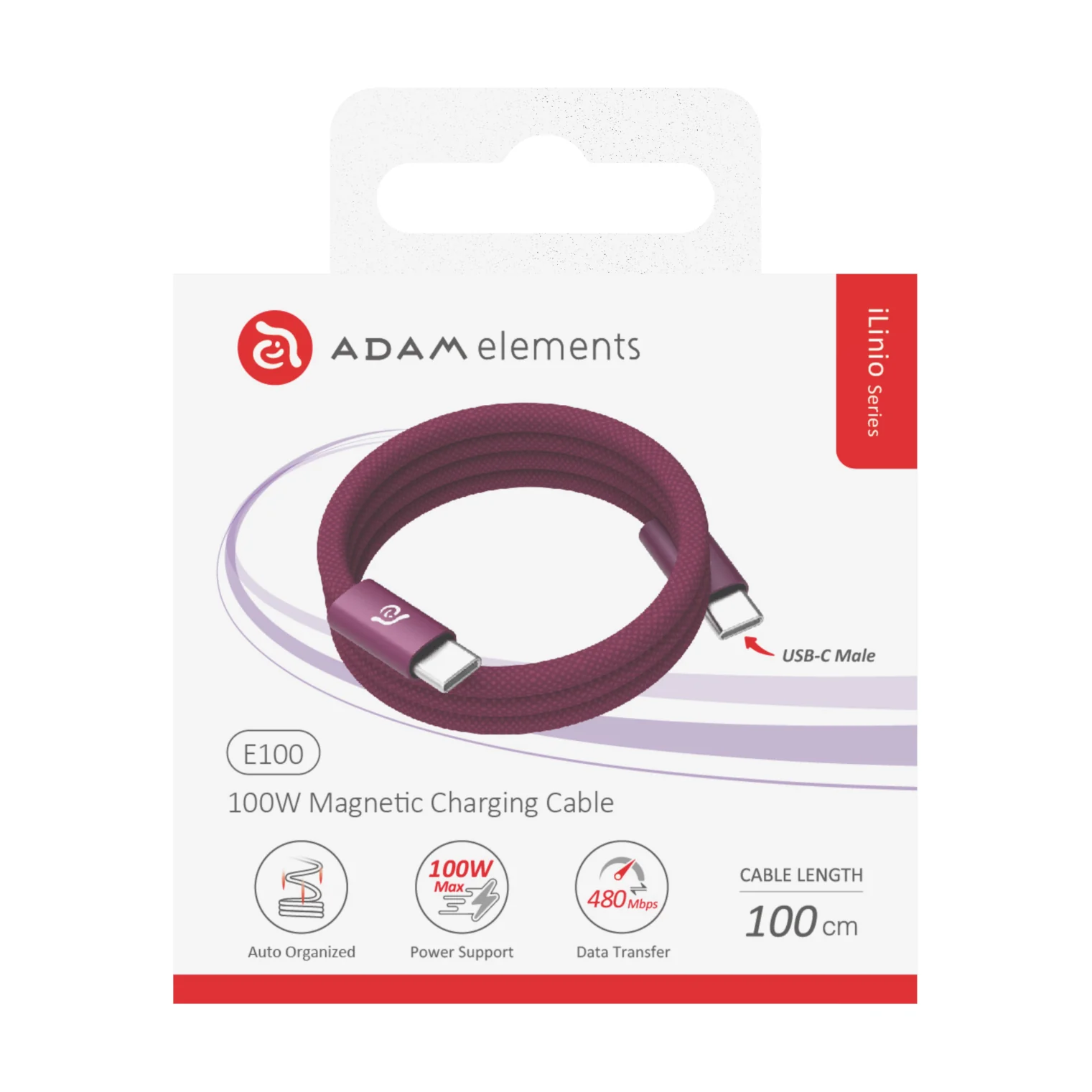 ADAM elements iLinio E100 USB-C mágneses töltőkábel, 100W, 100 cm - bordó