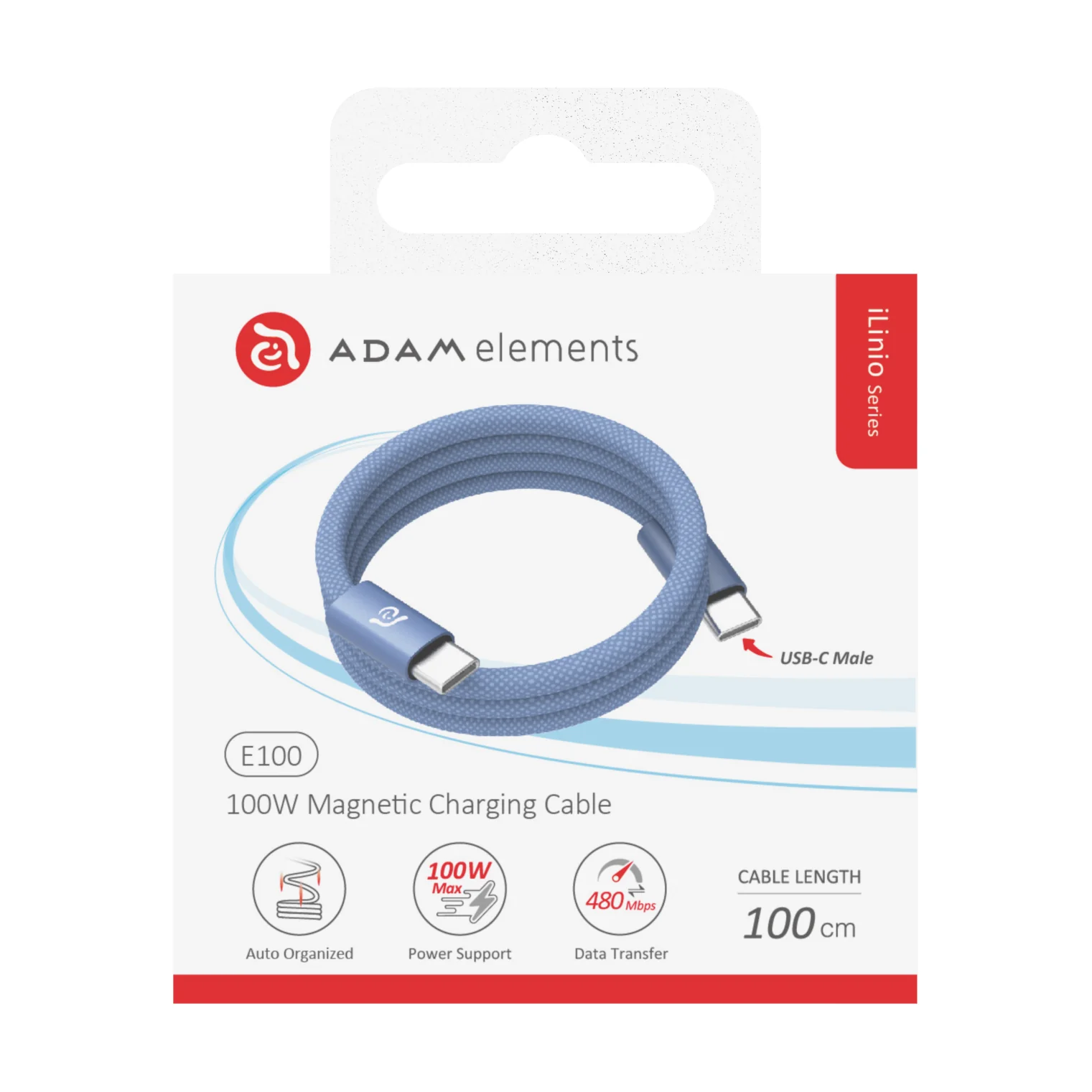 ADAM elements iLinio E100 USB-C mágneses töltőkábel, 100W, 100 cm - kék