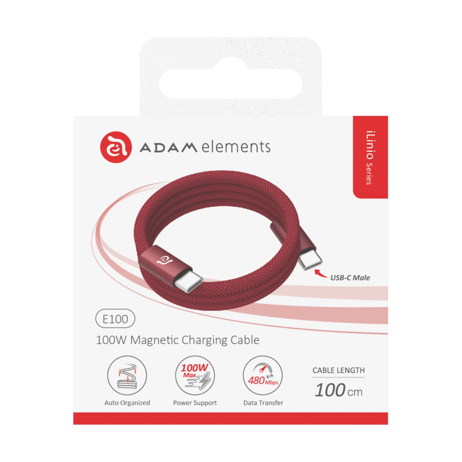 ADAM elements iLinio E100 USB-C mágneses töltőkábel, 100W, 100 cm - piros