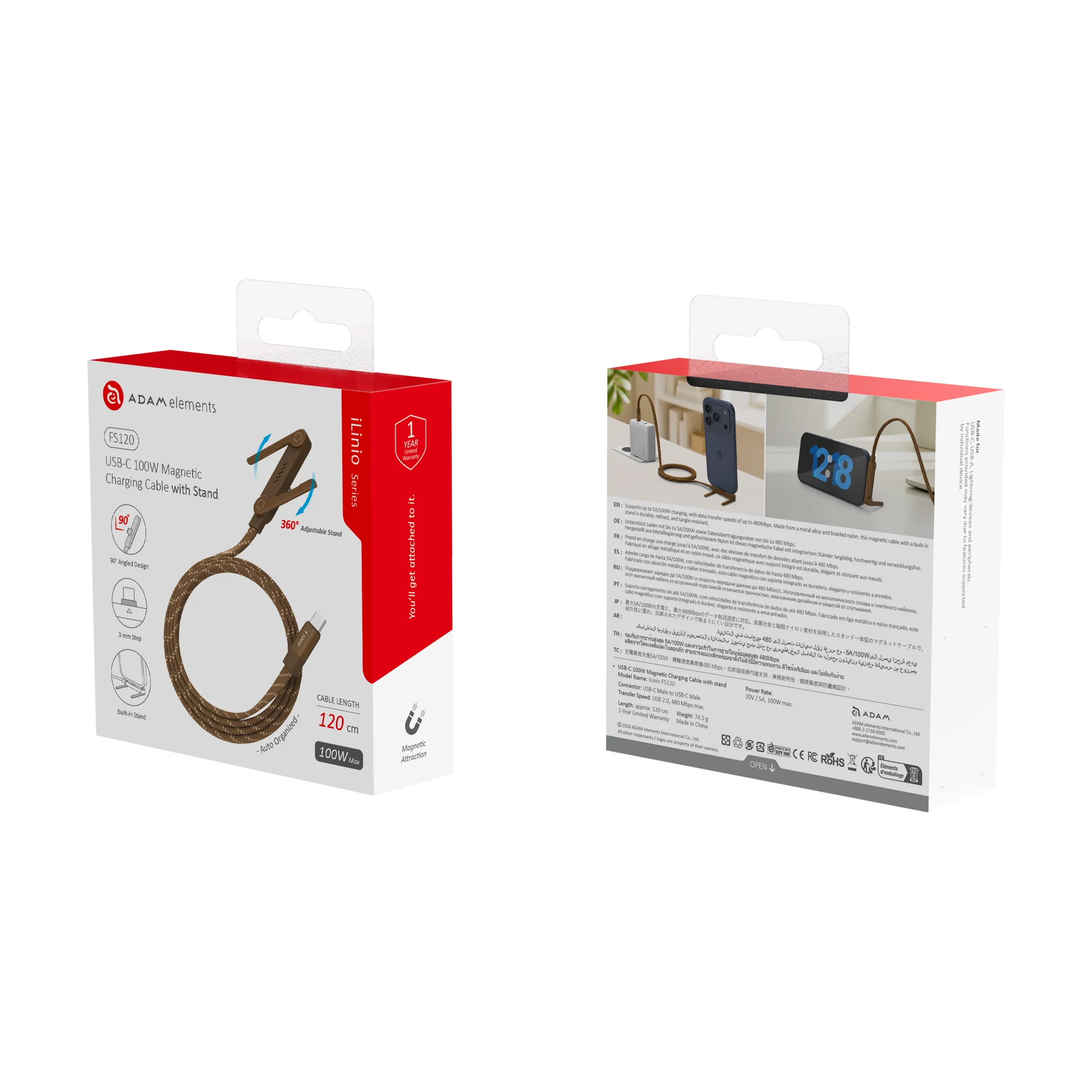 ADAM elements iLinio FS120 USB-C mágneses töltőkábel állvánnyal, 100W, 120 cm - barna