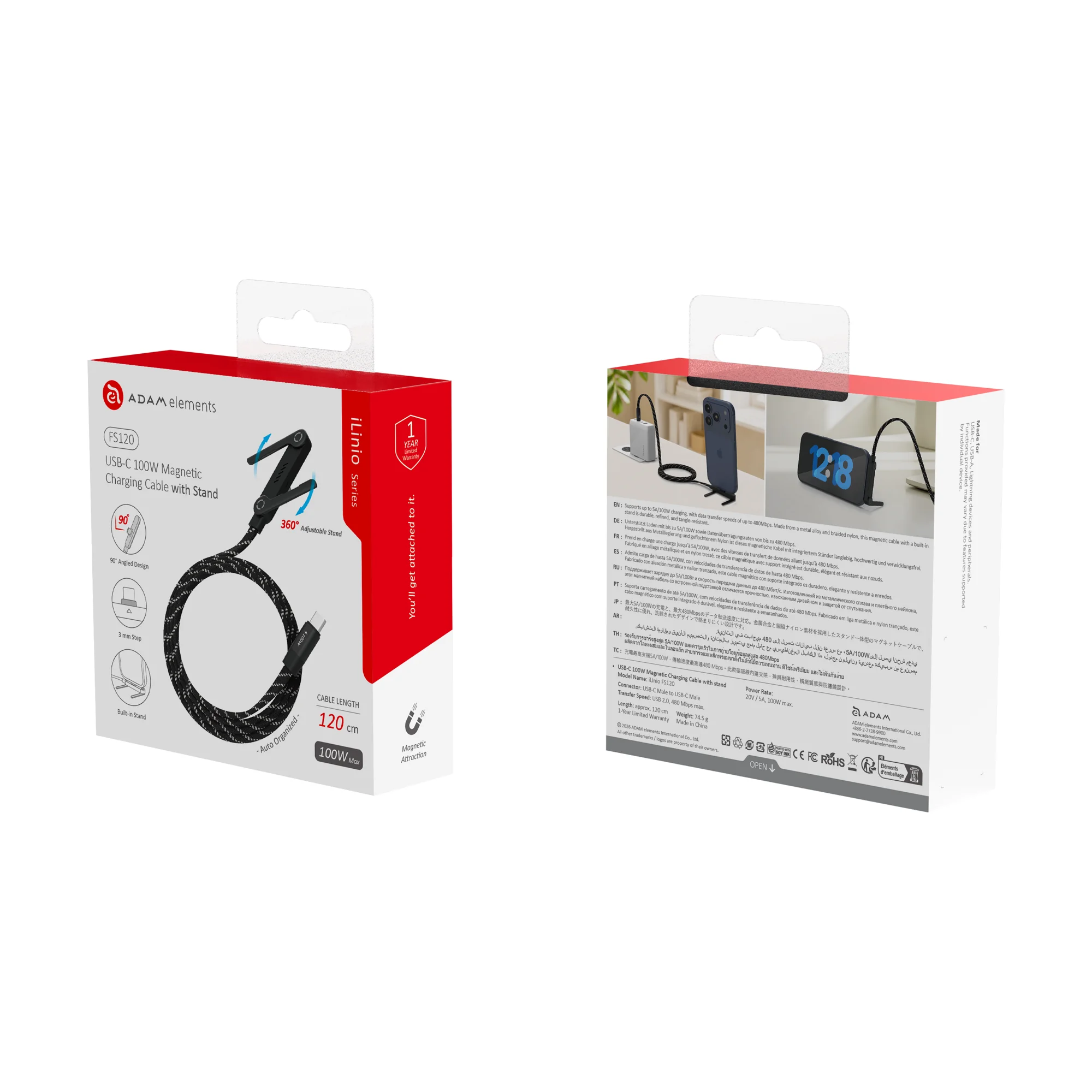 ADAM elements iLinio FS120 USB-C mágneses töltőkábel állvánnyal, 100W, 120 cm - fekete