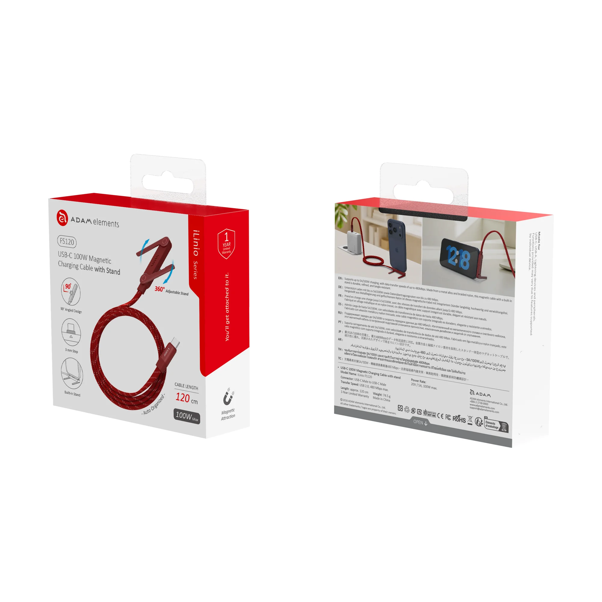 ADAM elements iLinio FS120 USB-C mágneses töltőkábel állvánnyal, 100W, 120 cm - piros