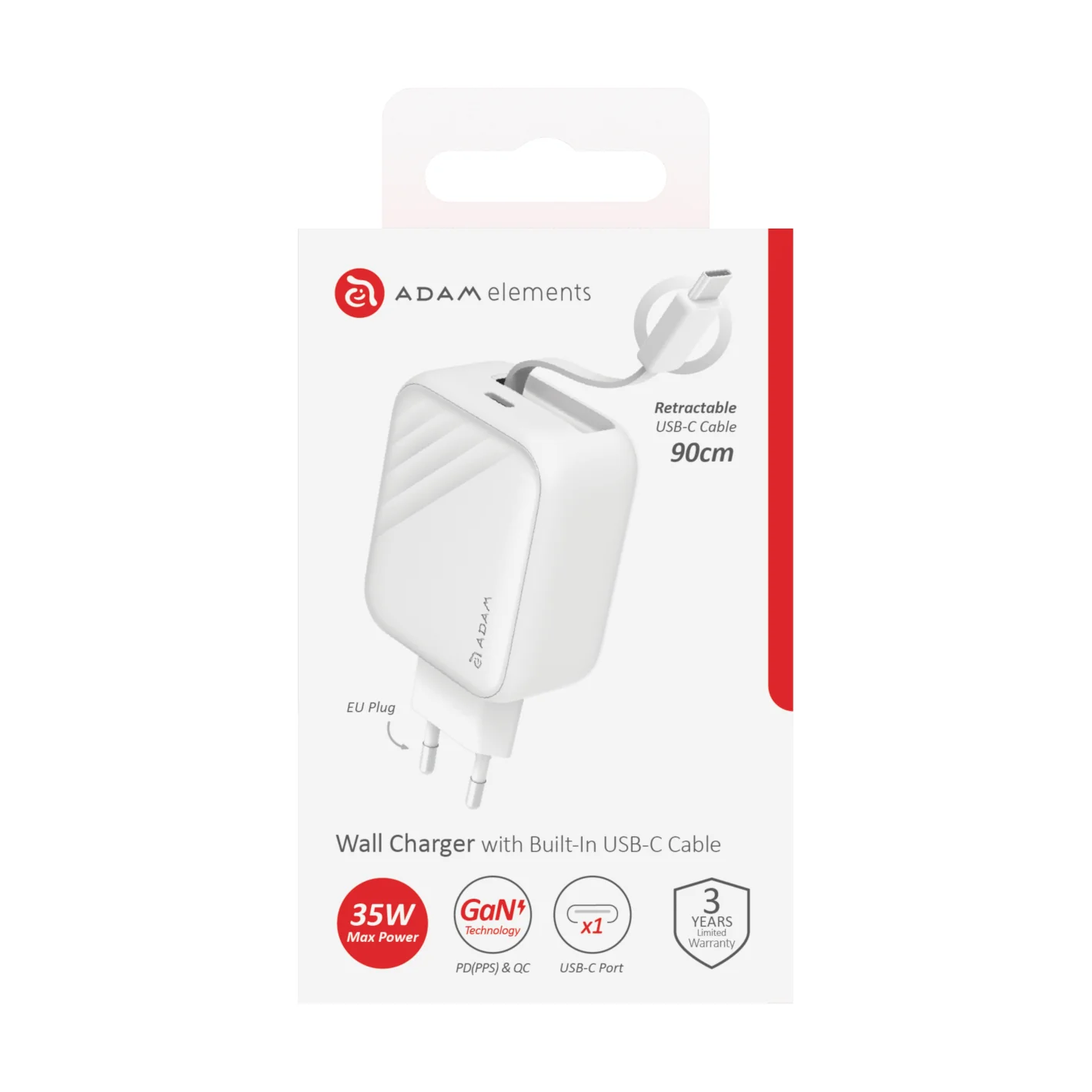 ADAM elements OMNIA L35 35W GaN hálózati töltő beépített USB-C kábellel - fehér