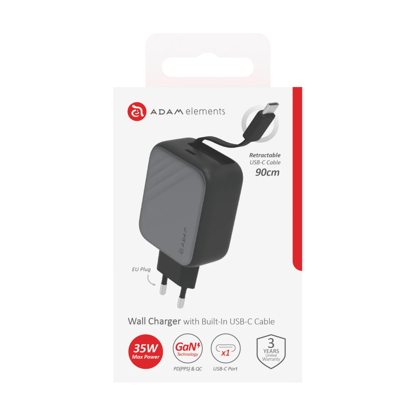 ADAM elements OMNIA L35 35W GaN hálózati töltő beépített USB-C kábellel - szürke
