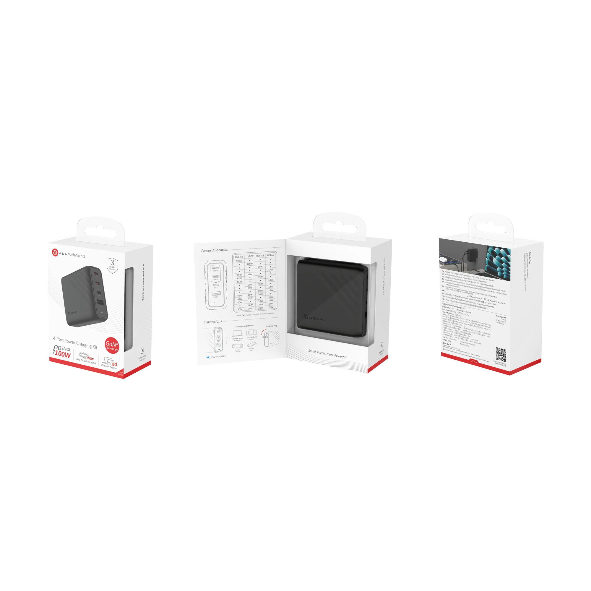 ADAM elements P100 GaN 100W 4 portos töltőkészlet / utazó adapter - fekete