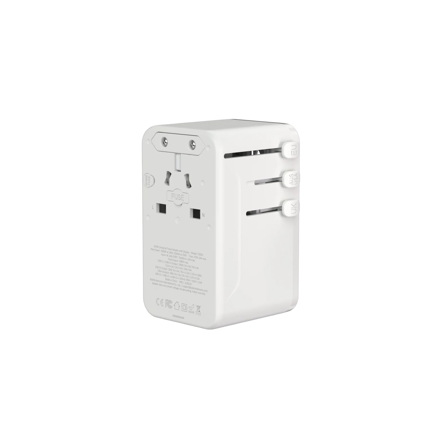 ADAM elements T100D 100W univerzális hálózati utazó adapter kijelzővel - ezüst