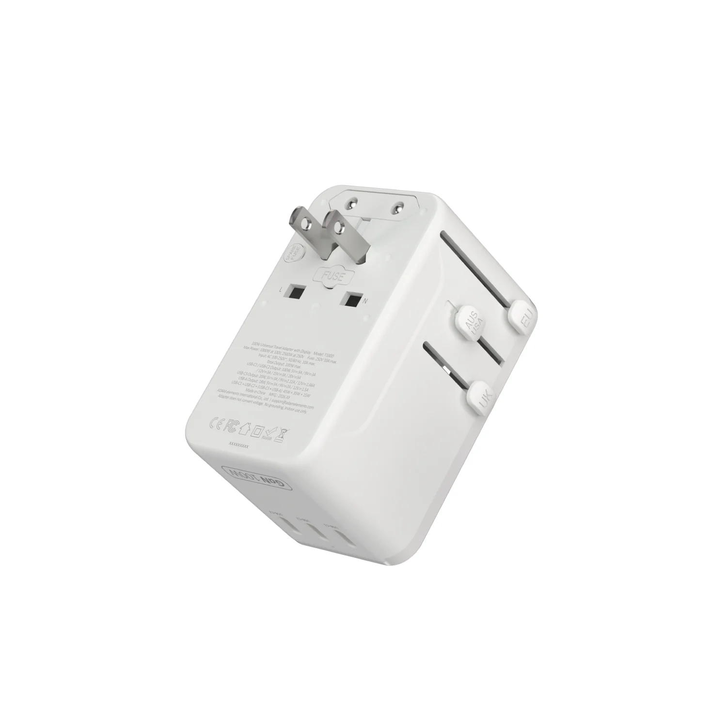 ADAM elements T100D 100W univerzális hálózati utazó adapter kijelzővel - ezüst