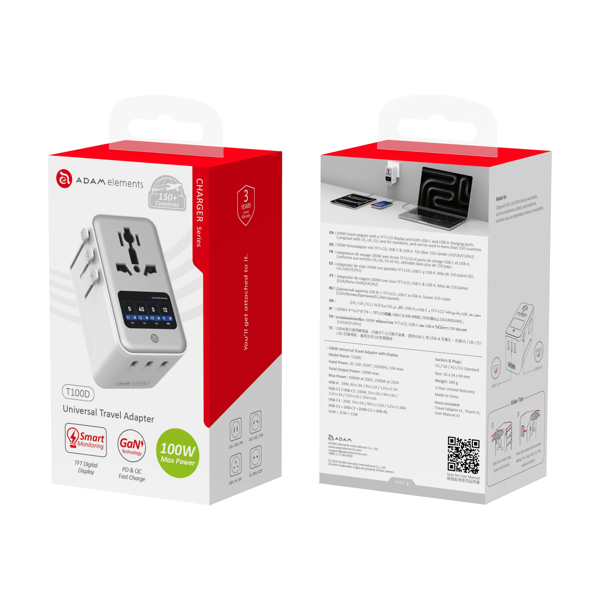 ADAM elements T100D 100W univerzális hálózati utazó adapter kijelzővel - ezüst