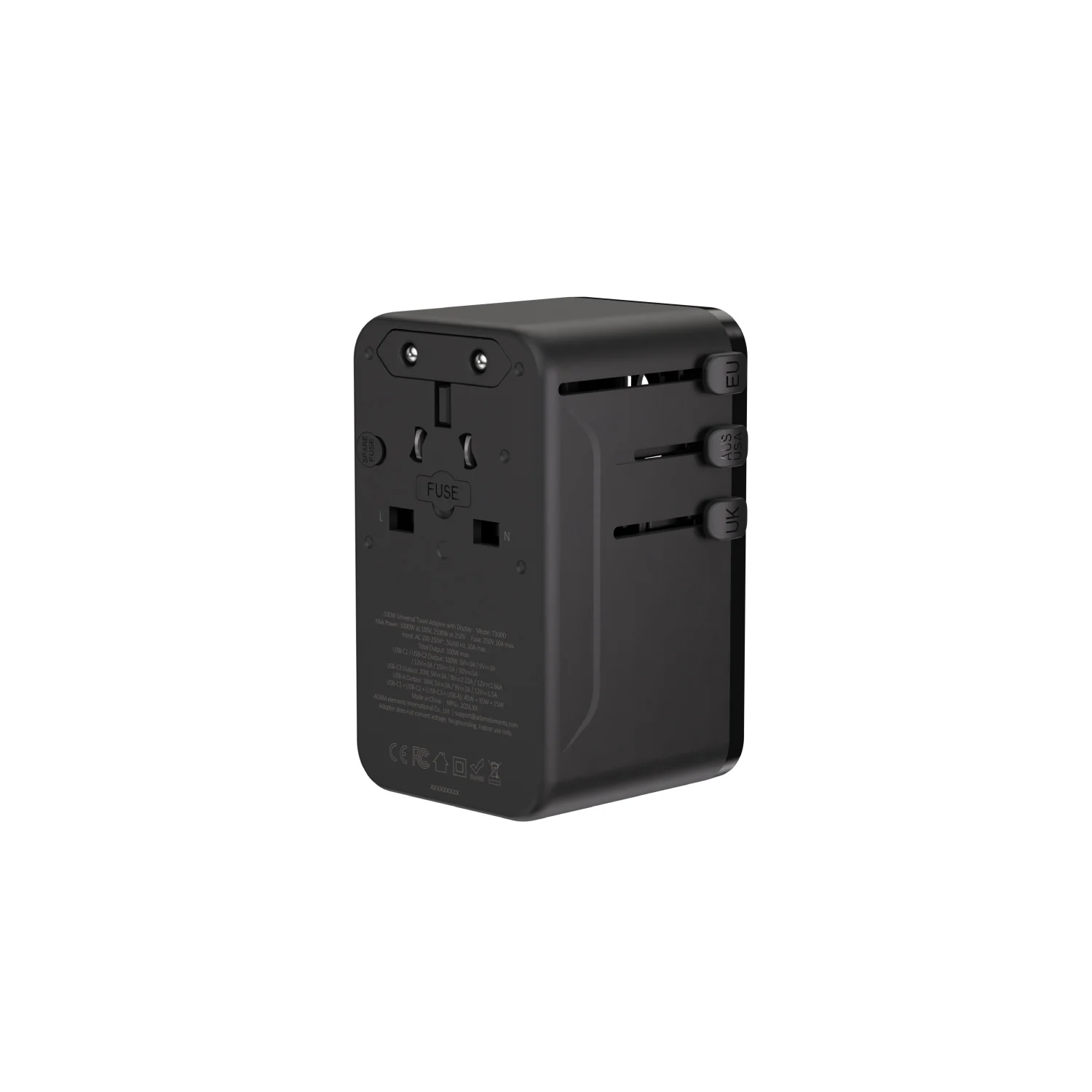ADAM elements T100D 100W univerzális hálózati utazó adapter kijelzővel - szürke