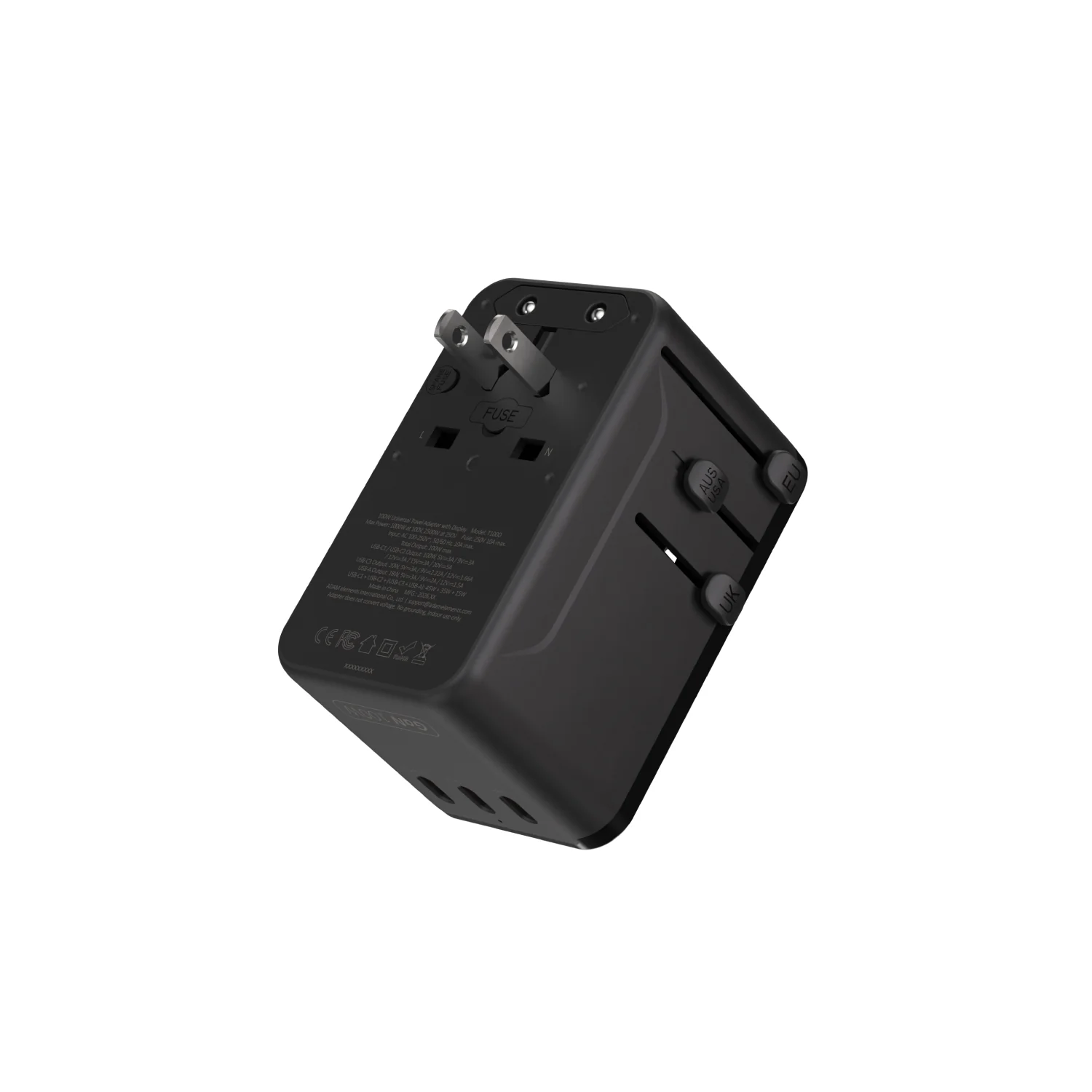 ADAM elements T100D 100W univerzális hálózati utazó adapter kijelzővel - szürke