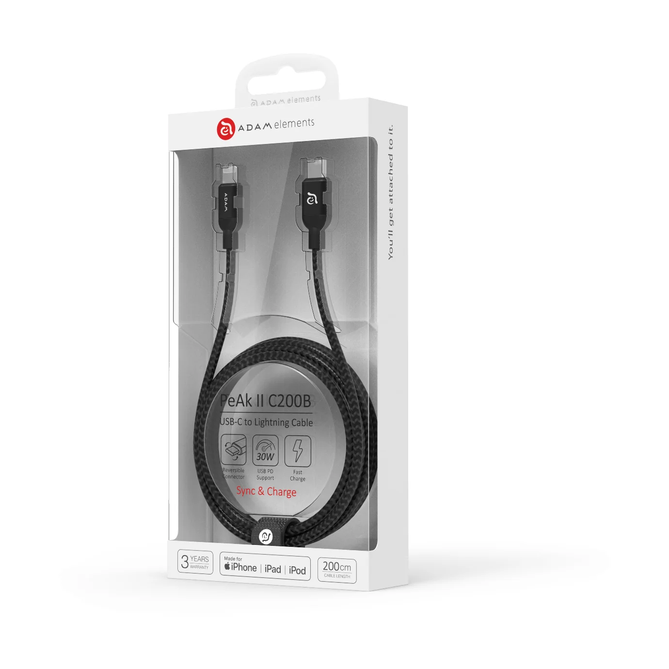 ADAM elements PeAk II C200B USB-C – Lightning kábel fémszövésű bevonattal, 200 cm - fekete