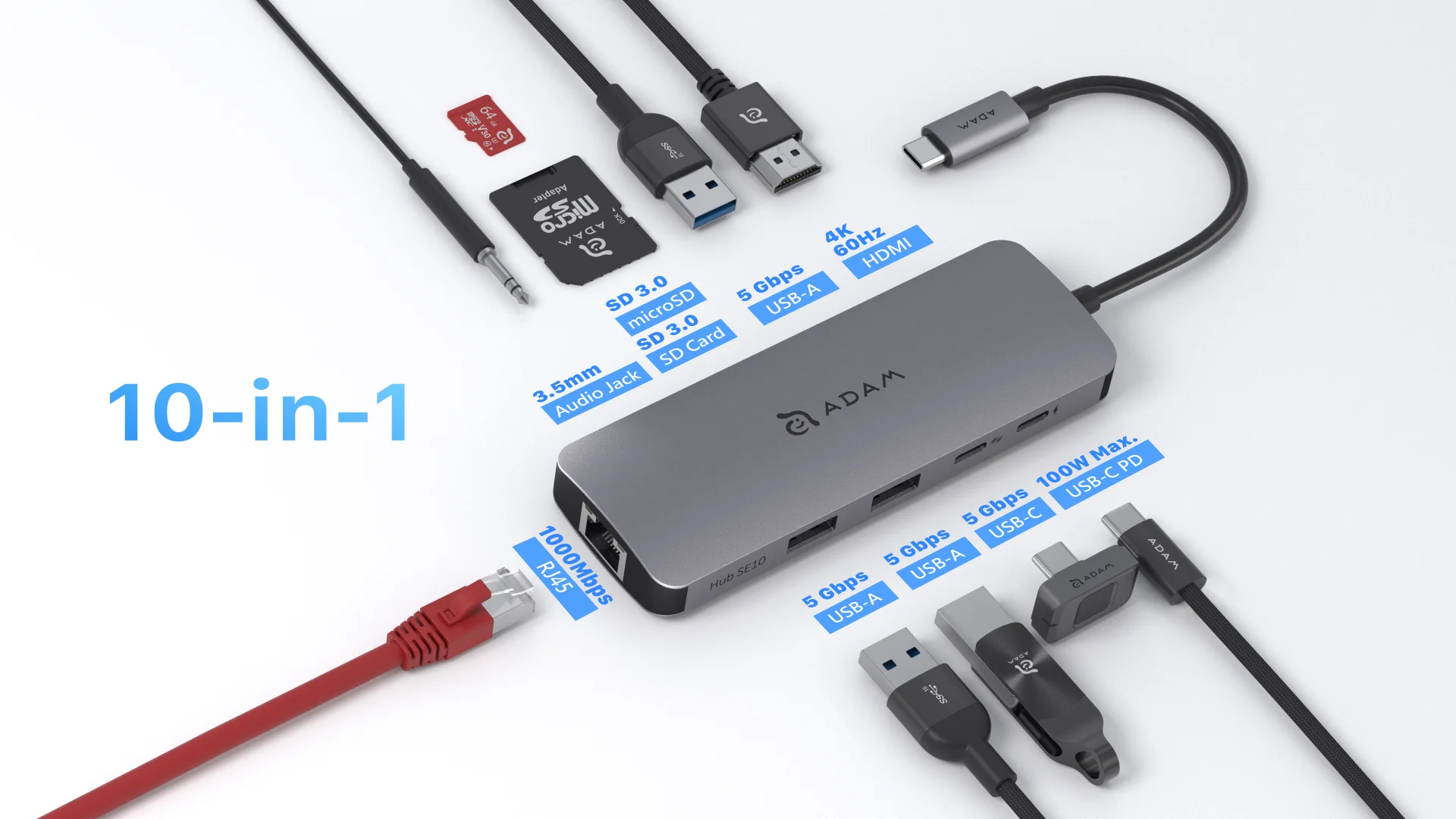 ADAM elements Hub SE10 USB-C 10-in-1 multifunkciós hub - szürke