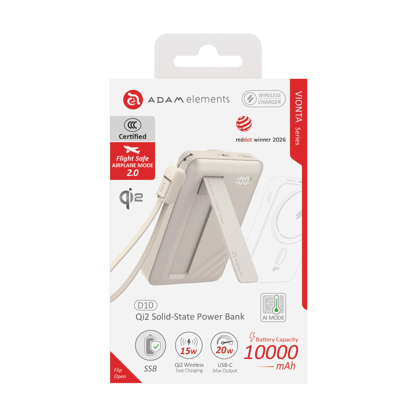 ADAM elements VIONTA D10 Qi2 solid state-akkumulátoros powerbank támasztóval, 10000mAh - tejeskávé