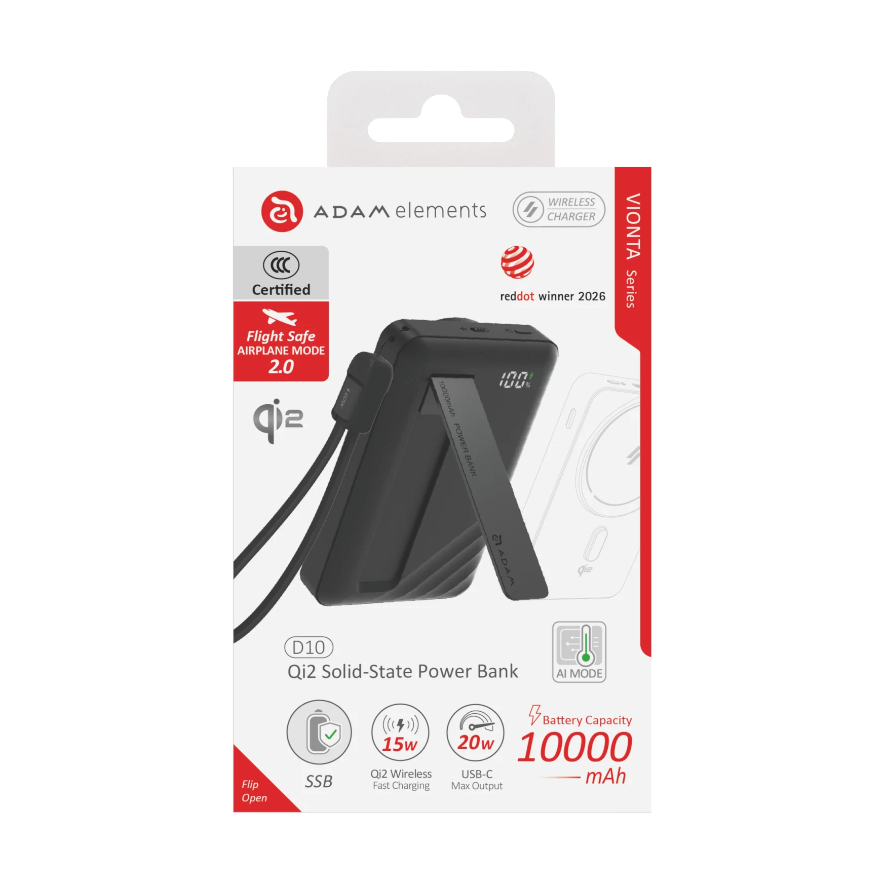 ADAM elements VIONTA D10 Qi2 solid state-akkumulátoros powerbank támasztóval, 10000mAh - fekete