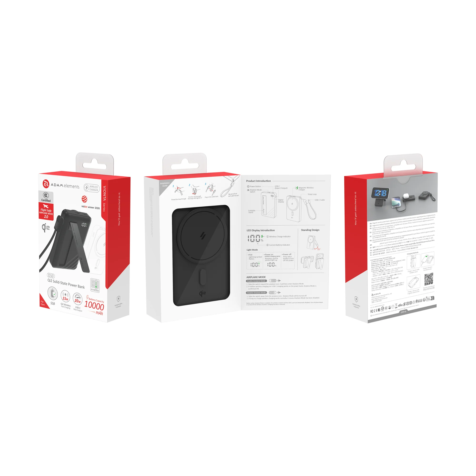 ADAM elements VIONTA D10 Qi2 solid state-akkumulátoros powerbank támasztóval, 10000mAh - fekete