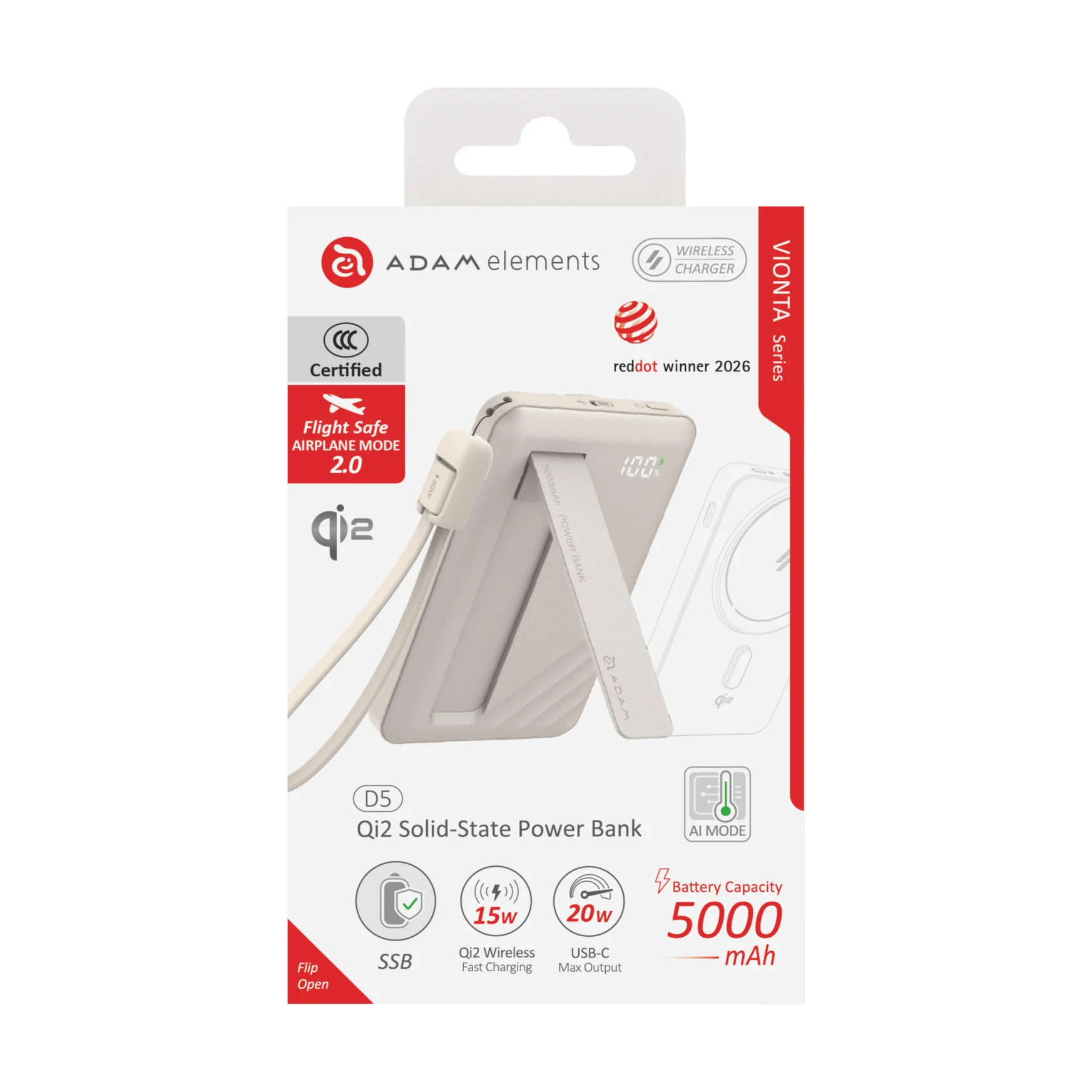 ADAM elements VIONTA D5 Qi2 solid state-akkumulátoros powerbank támasztóval, 5000mAh - tejeskávé