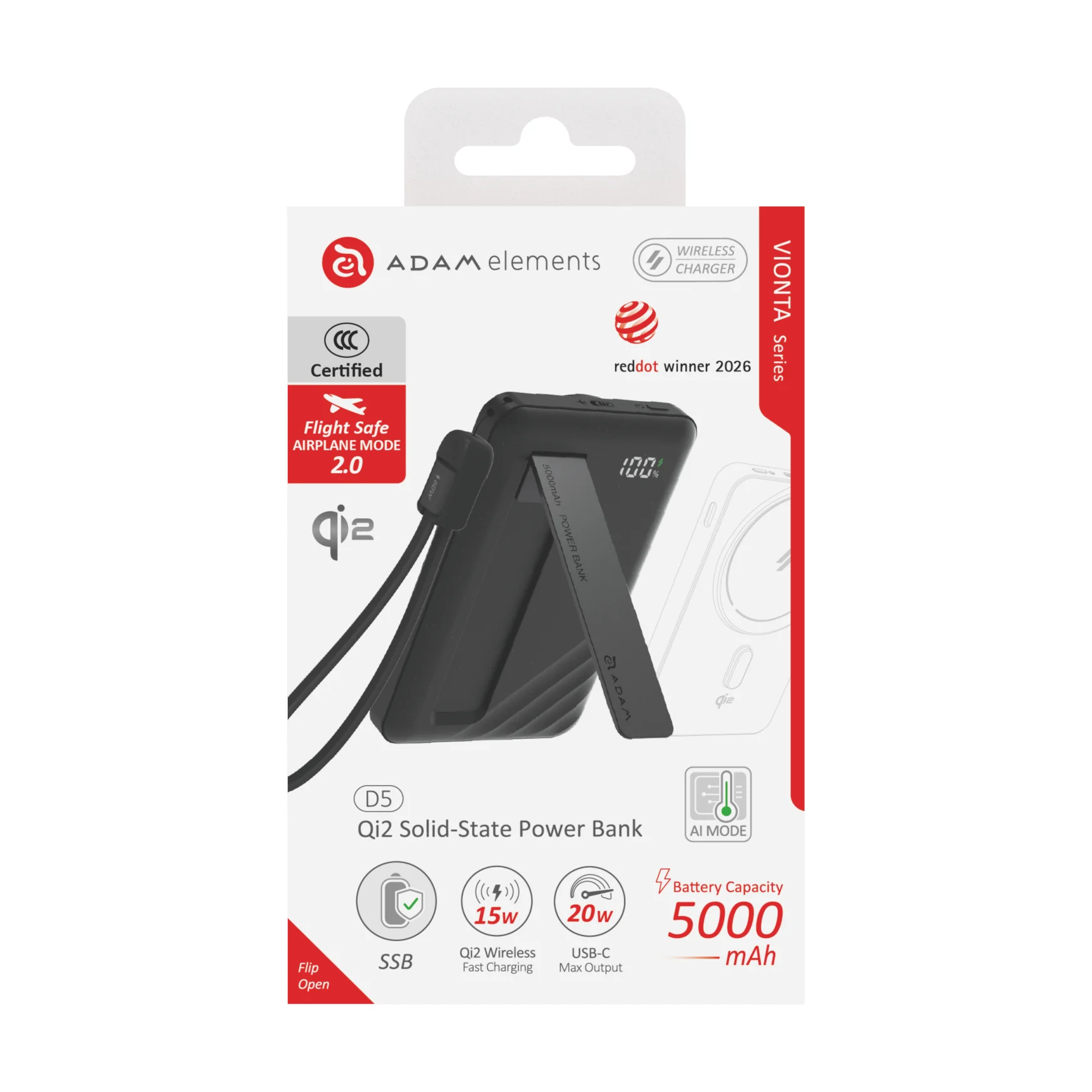 ADAM elements VIONTA D5 Qi2 solid state-akkumulátoros powerbank támasztóval, 5000mAh - fekete