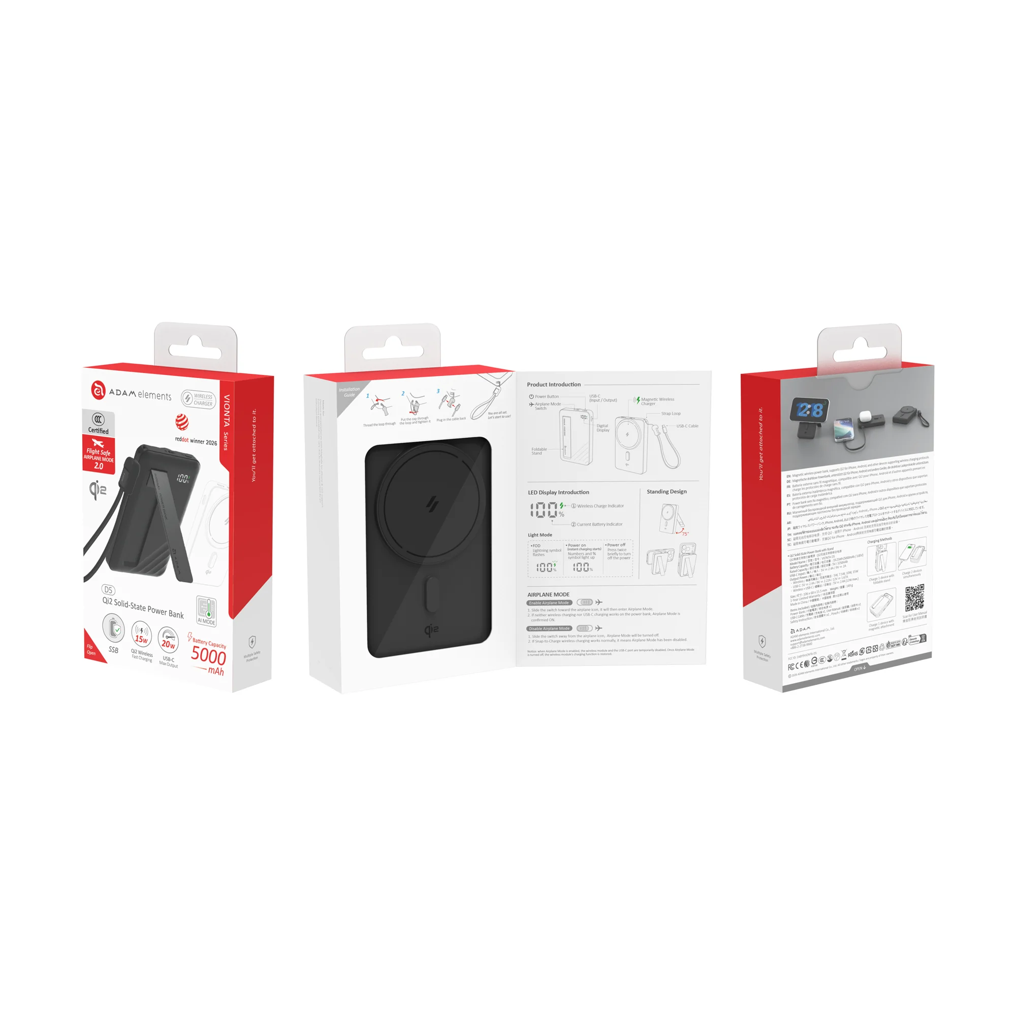 ADAM elements VIONTA D5 Qi2 solid state-akkumulátoros powerbank támasztóval, 5000mAh - fekete