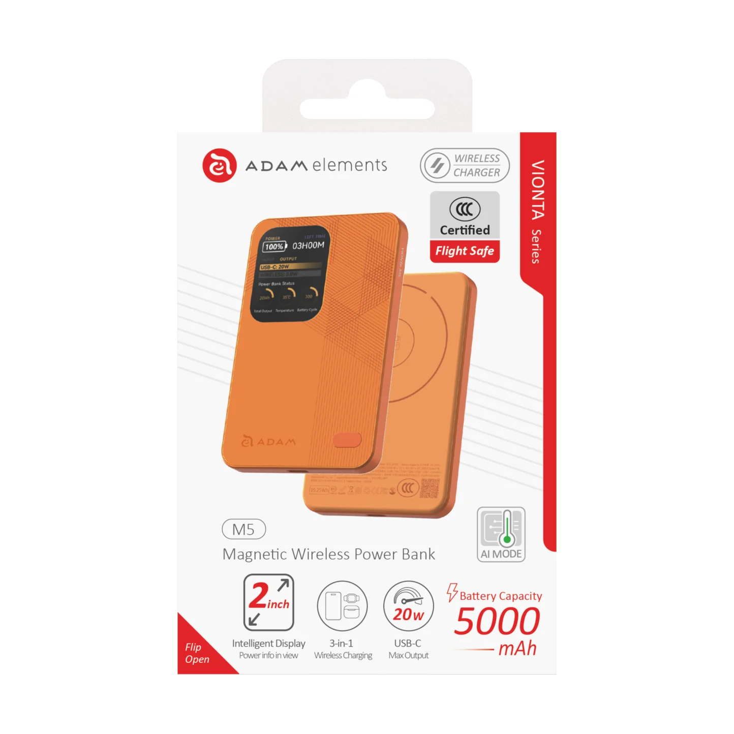 ADAM elements VIONTA M5 5000 mAh mágneses vezeték nélküli powerbank - narancssárga