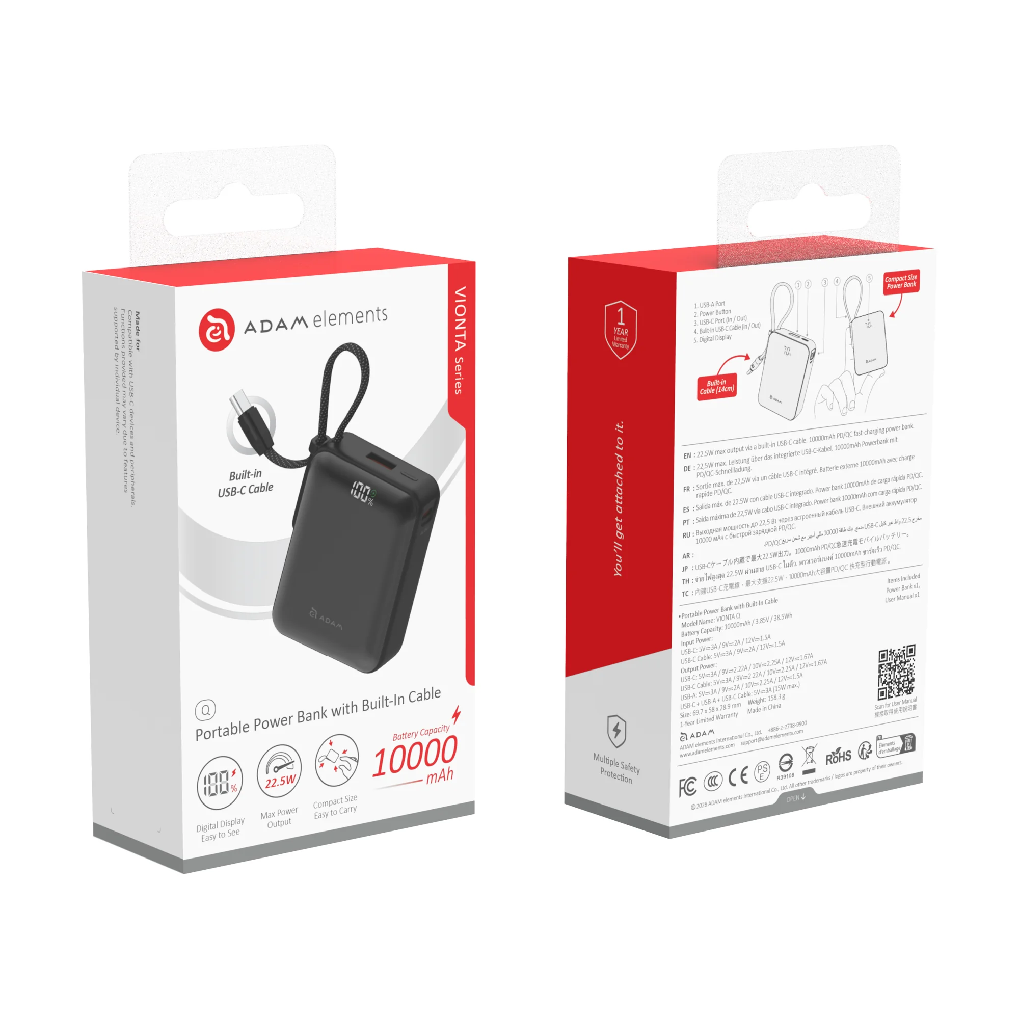 ADAM elements VIONTA Q 10 000 mAh kompakt powerbank beépített kábellel - fekete