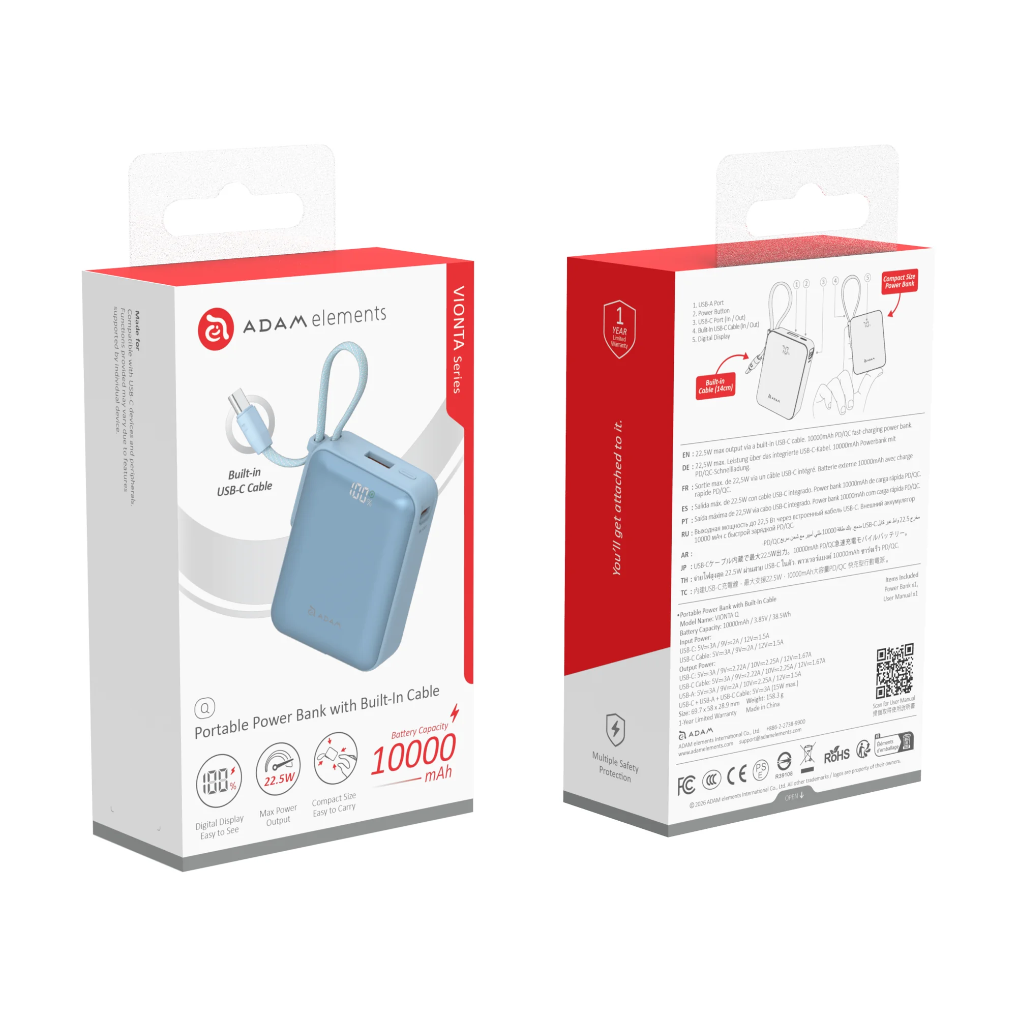 ADAM elements VIONTA Q 10 000 mAh kompakt powerbank beépített kábellel - kék
