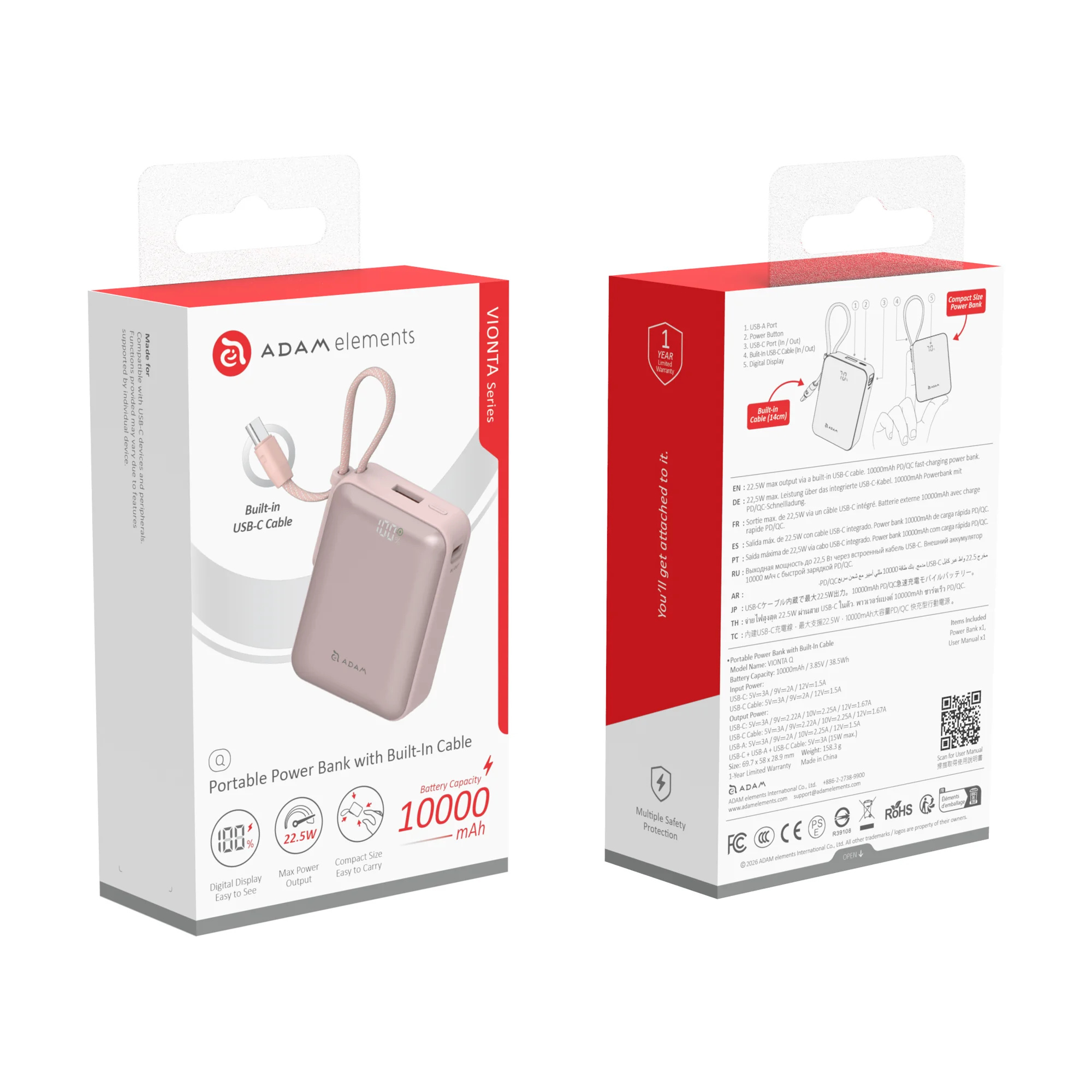 ADAM elements VIONTA Q 10 000 mAh kompakt powerbank beépített kábellel - rózsaszín