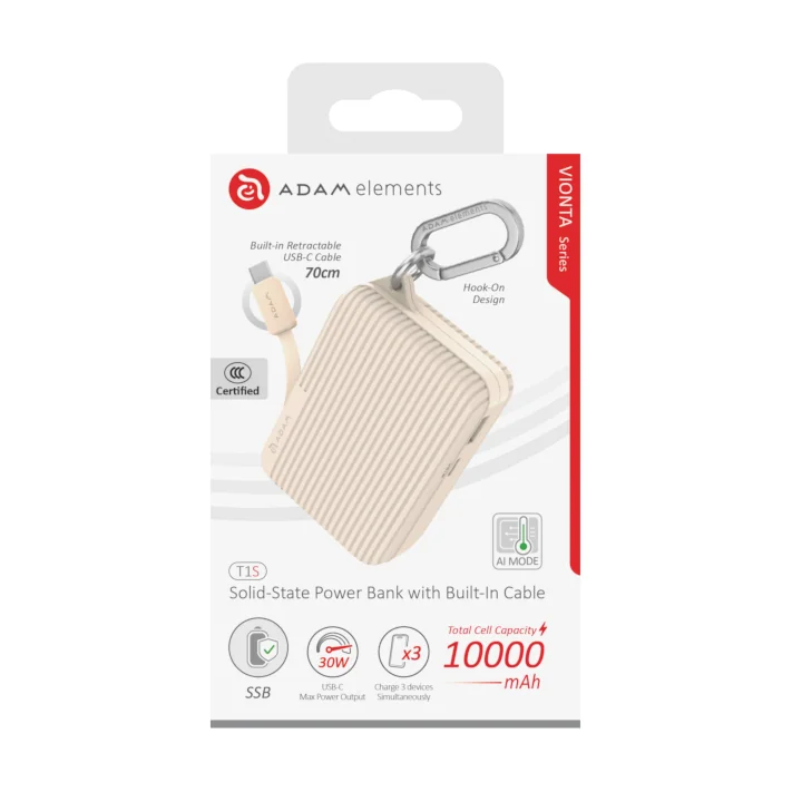 ADAM elements VIONTA T1S 10000mAh solid state-akkumulátoros powerbank beépített kábellel - tejeskávé