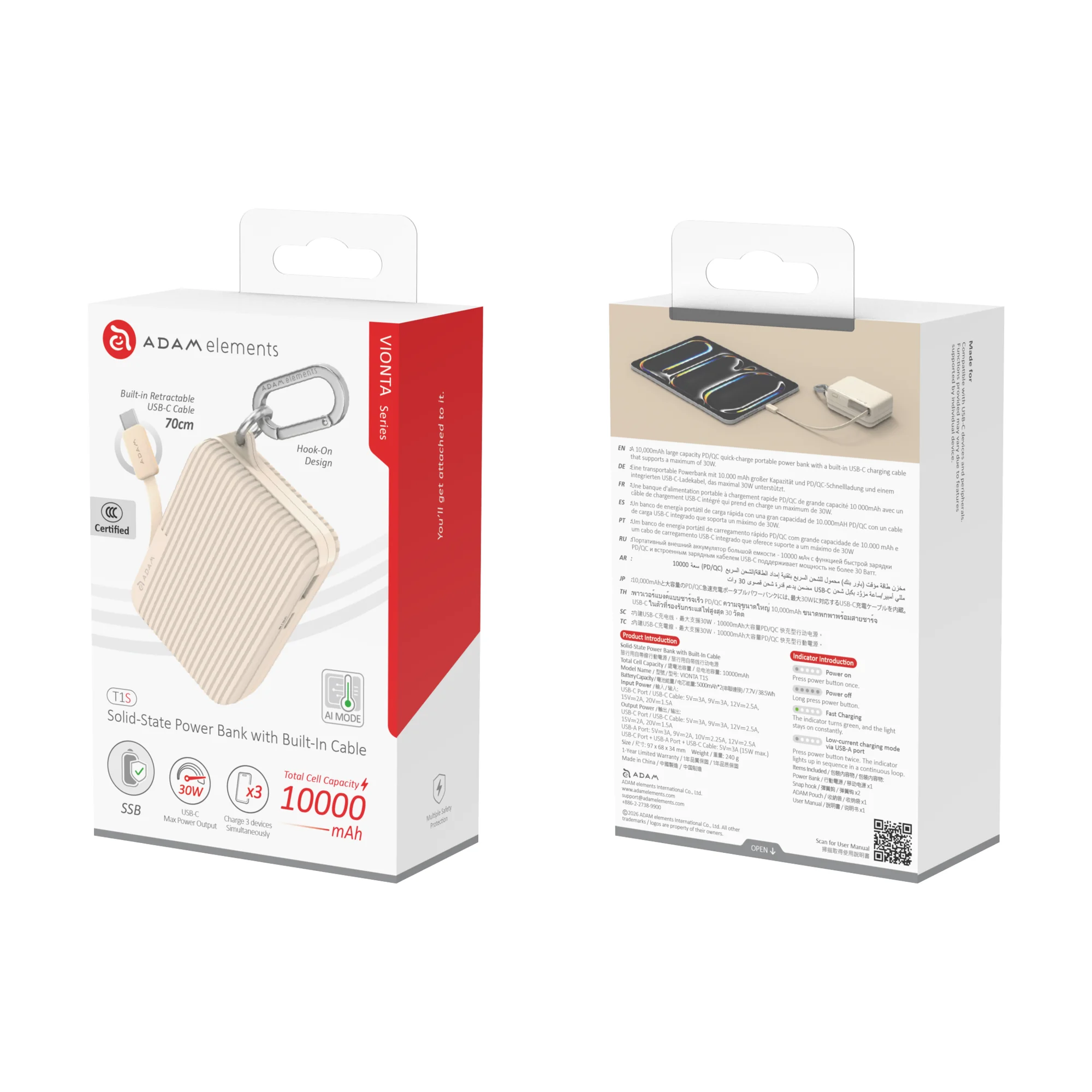ADAM elements VIONTA T1S 10000mAh solid state-akkumulátoros powerbank beépített kábellel - tejeskávé