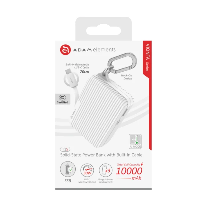 ADAM elements VIONTA T1S 30W 10 000 mAh solid state-akkumulátoros powerbank beépített kábellel - fehér