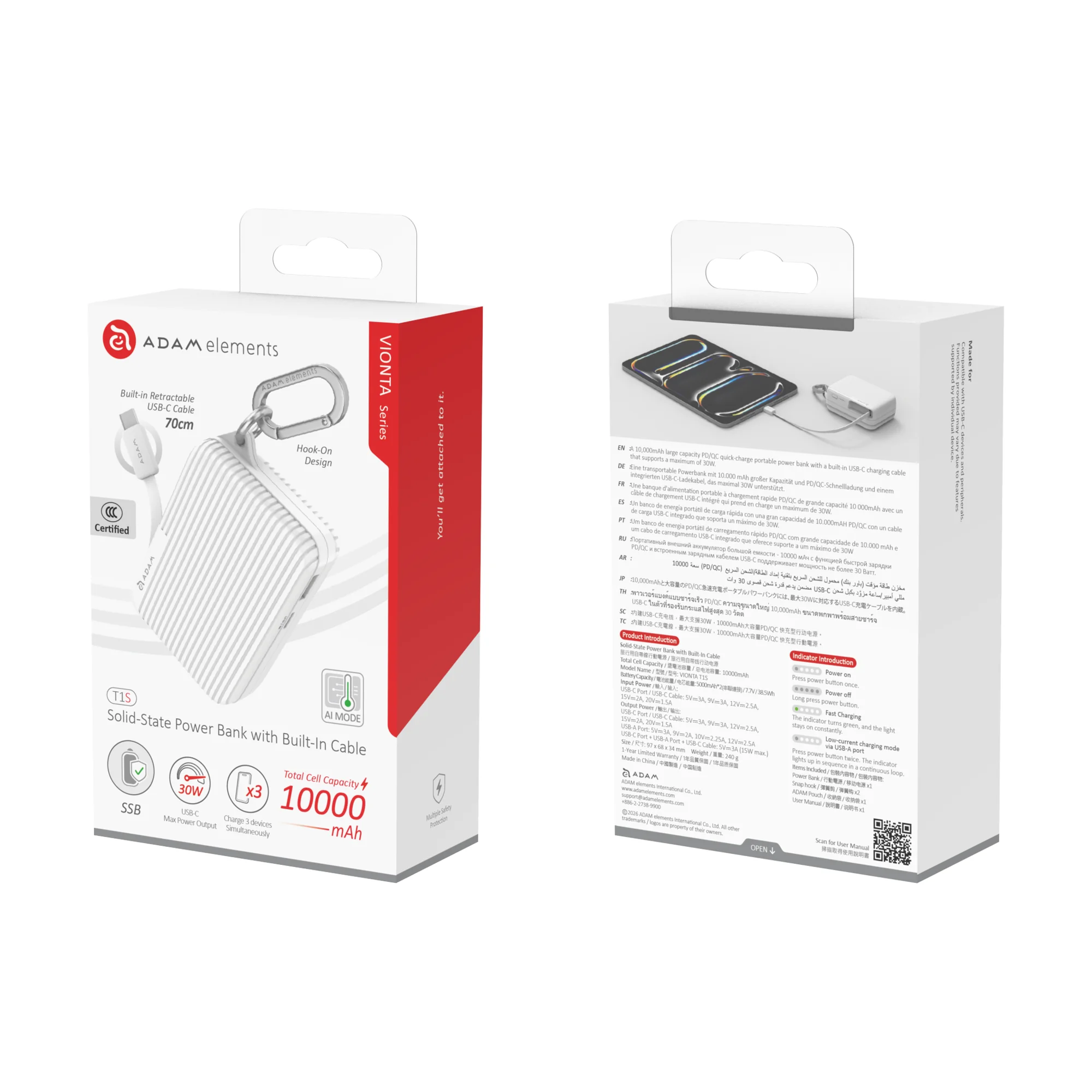 ADAM elements VIONTA T1S 30W 10 000 mAh solid state-akkumulátoros powerbank beépített kábellel - fehér