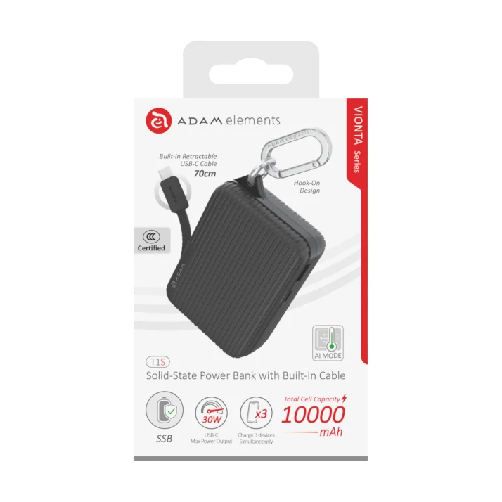 ADAM elements VIONTA T1S 30W 10 000 mAh solid state-akkumulátoros powerbank beépített kábellel - fekete