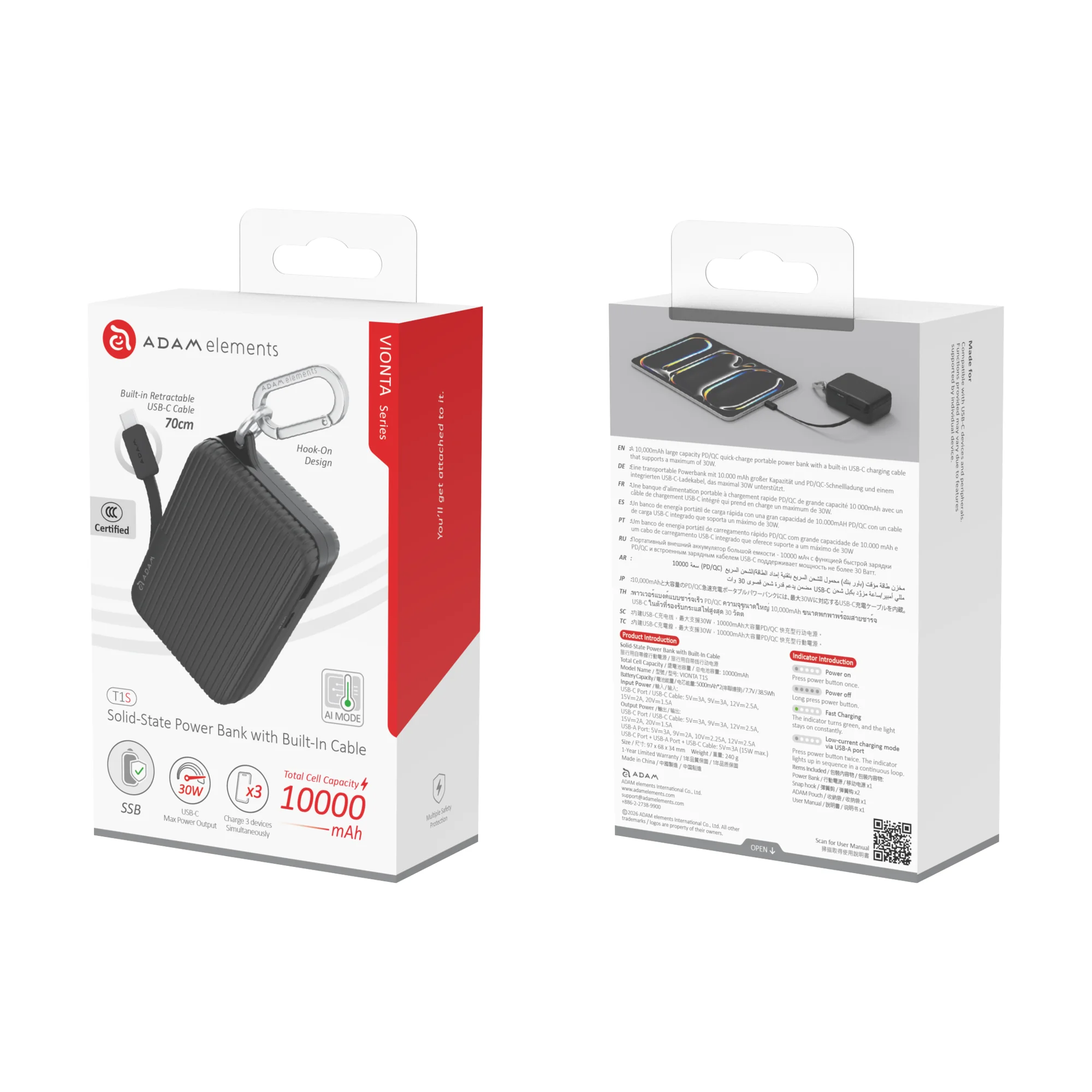ADAM elements VIONTA T1S 30W 10 000 mAh solid state-akkumulátoros powerbank beépített kábellel - fekete