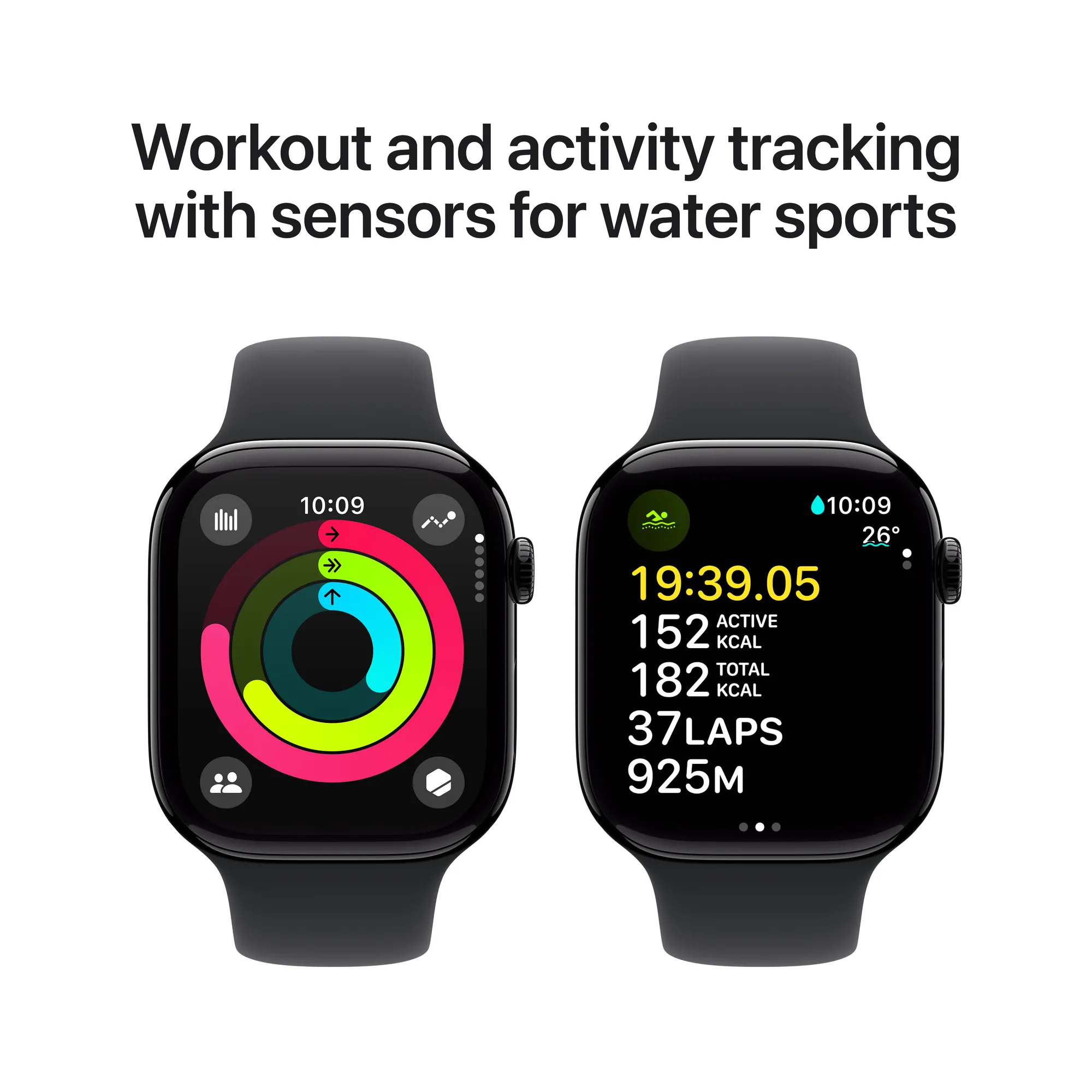 Apple Watch Series 10 GPS, 42 mm-es kozmoszfekete alumíniumtok, fekete sportszíj - S/M