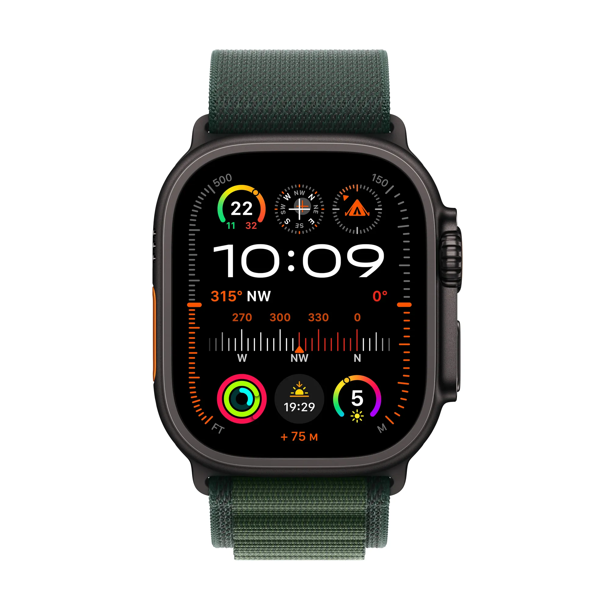 Apple Watch Ultra 2 GPS + Cellular, 49 mm-es fekete titántok, sötétzöld Alpesi pánt - L