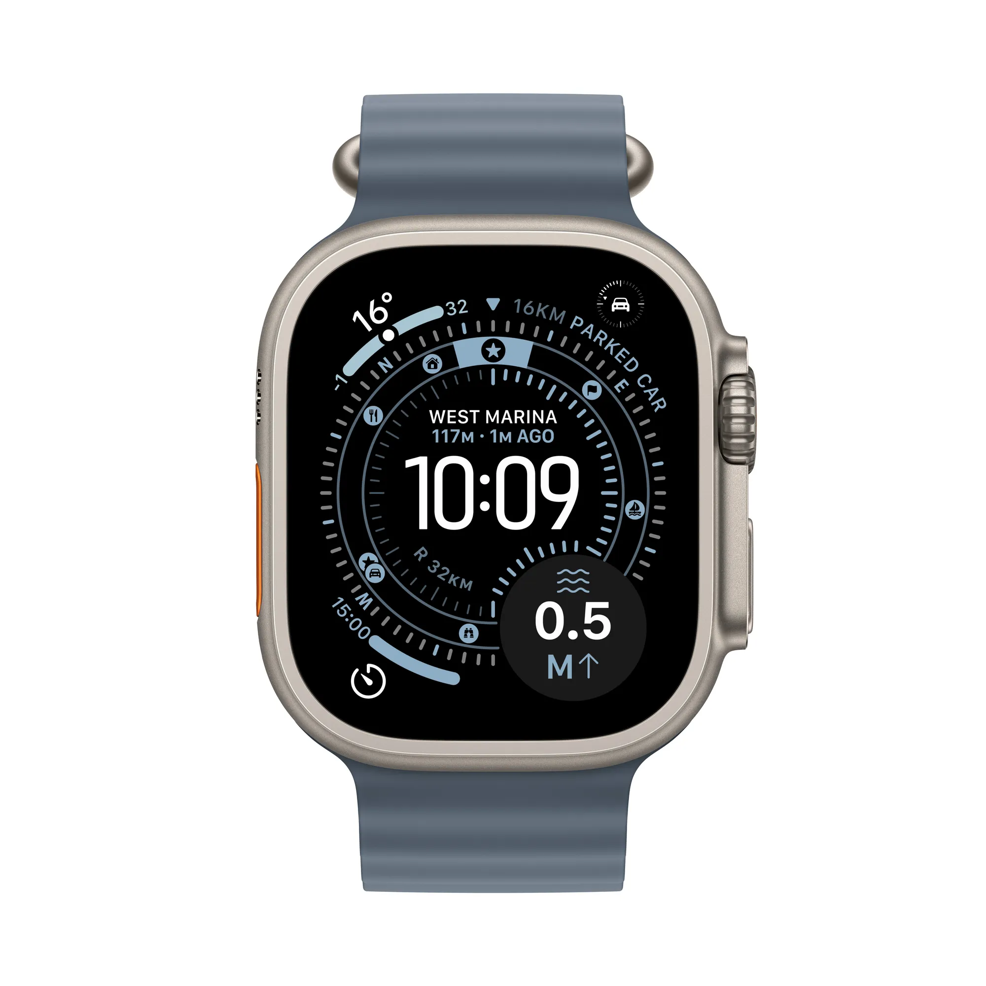 Apple Watch Ultra 3 GPS + Cellular, 49 mm-es natúr titántok, acélkék Óceán szíj