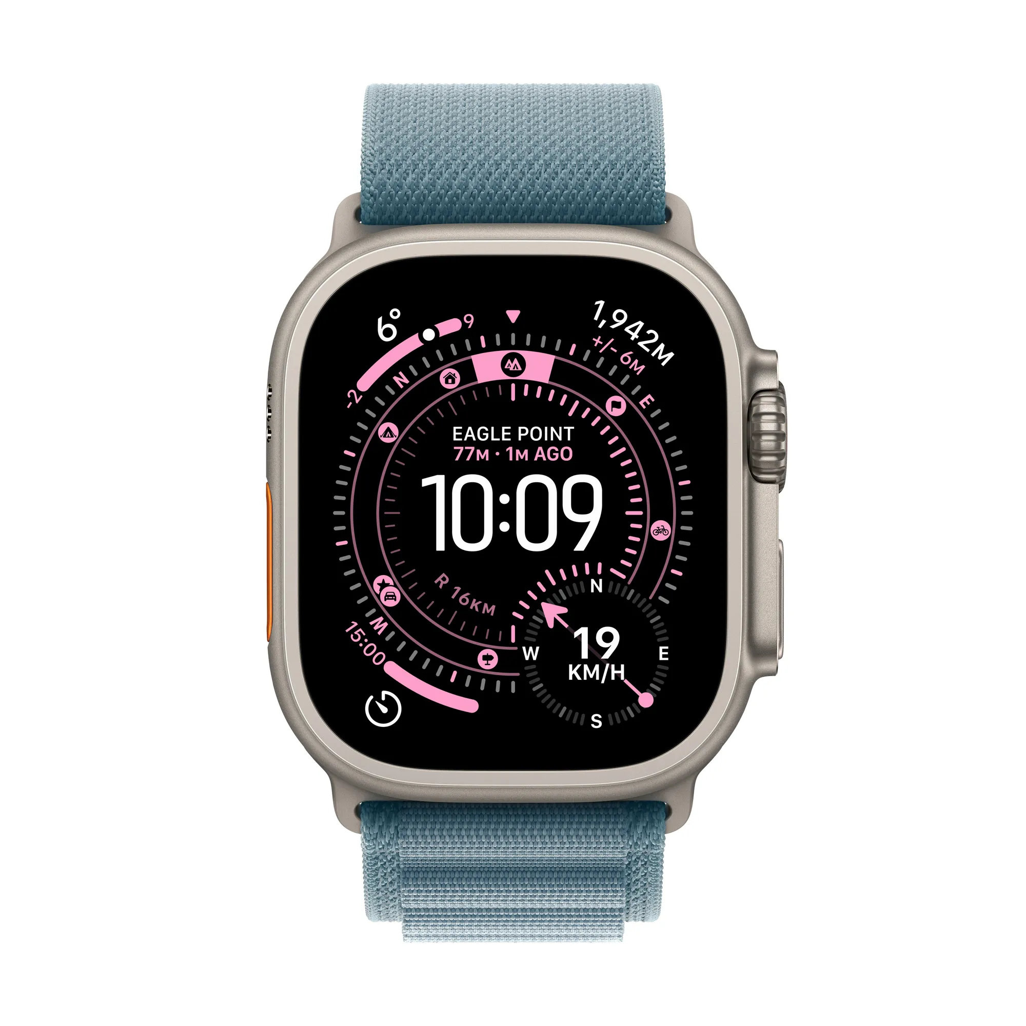 Apple Watch Ultra 3 GPS + Cellular, 49 mm-es natúr titántok, világoskék Alpesi pánt – M
