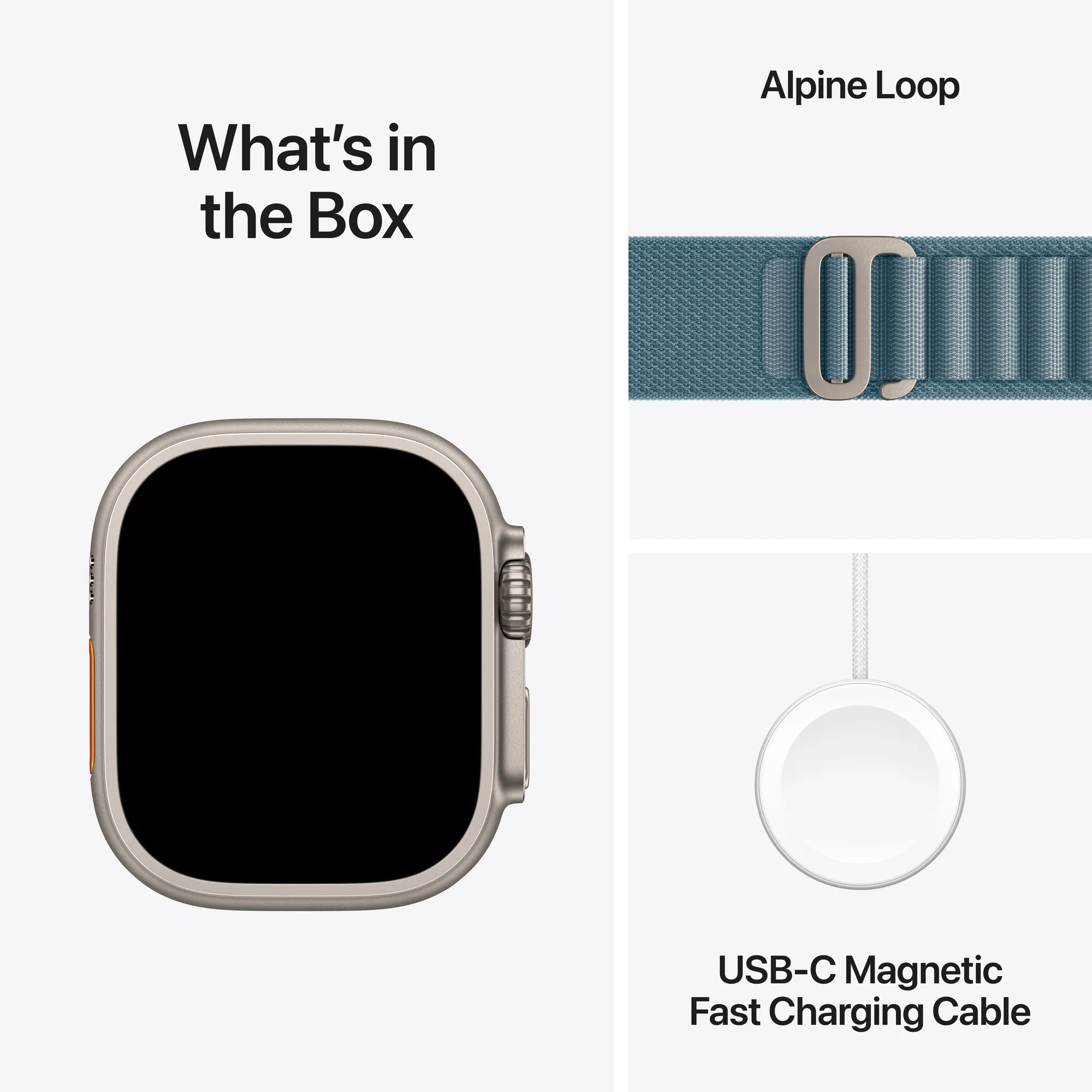 Apple Watch Ultra 3 GPS + Cellular, 49 mm-es natúr titántok, világoskék Alpesi pánt – M