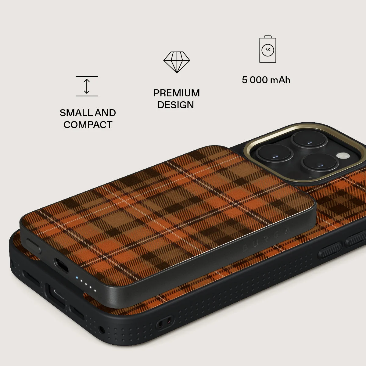 BURGA 5000 mAh vékony MagSafe-kompatibilis powerbank - Autumn Plaid