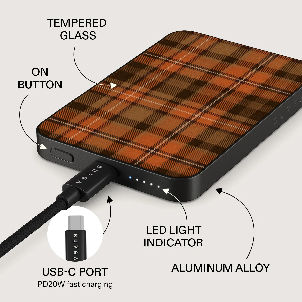 BURGA 5000 mAh vékony MagSafe-kompatibilis powerbank - Autumn Plaid